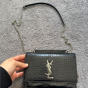 Yves Saint Laurent Black Crossbody Bag with Croc Texture and Silver Hardware